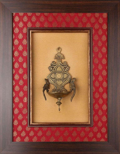 Framed Brass Lamp On Rich Raw Silk Wall Hanging Writings On The Wall Wall Hanging