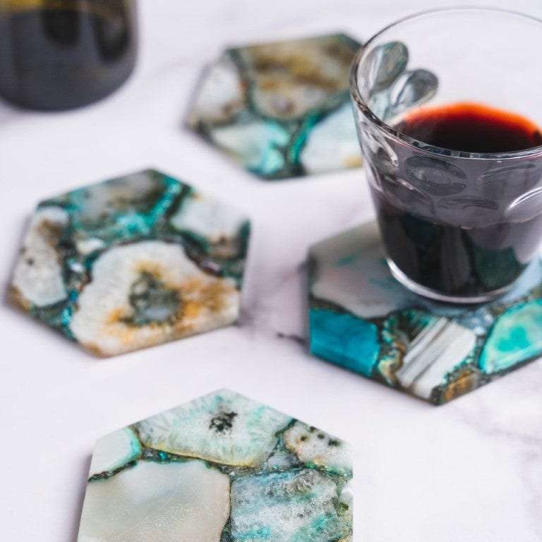 Green Agate Hexagon Coasters Set of 4 Writings On The Wall