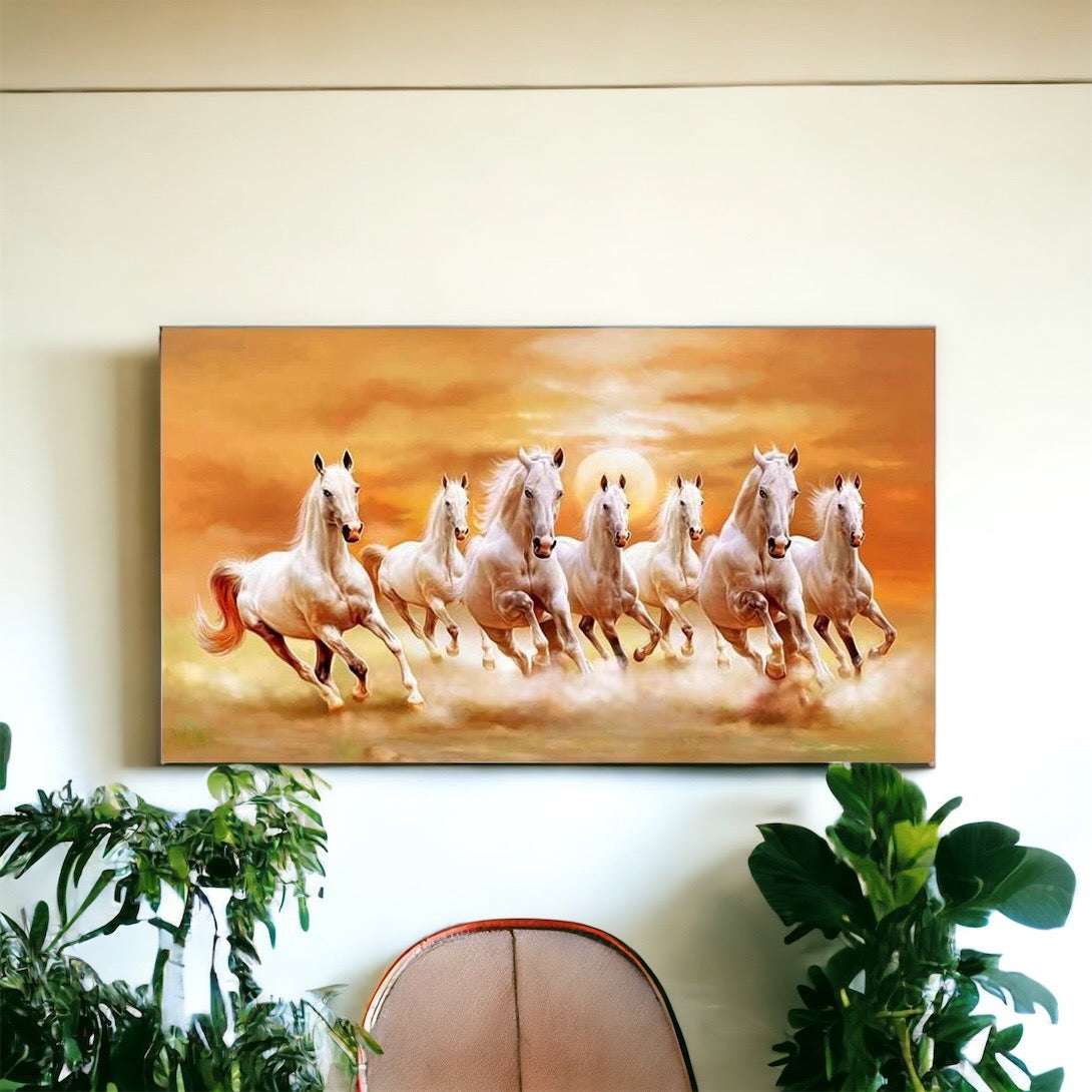 Seven Lucky White Horses Painting Writings On The Wall Canvas Print