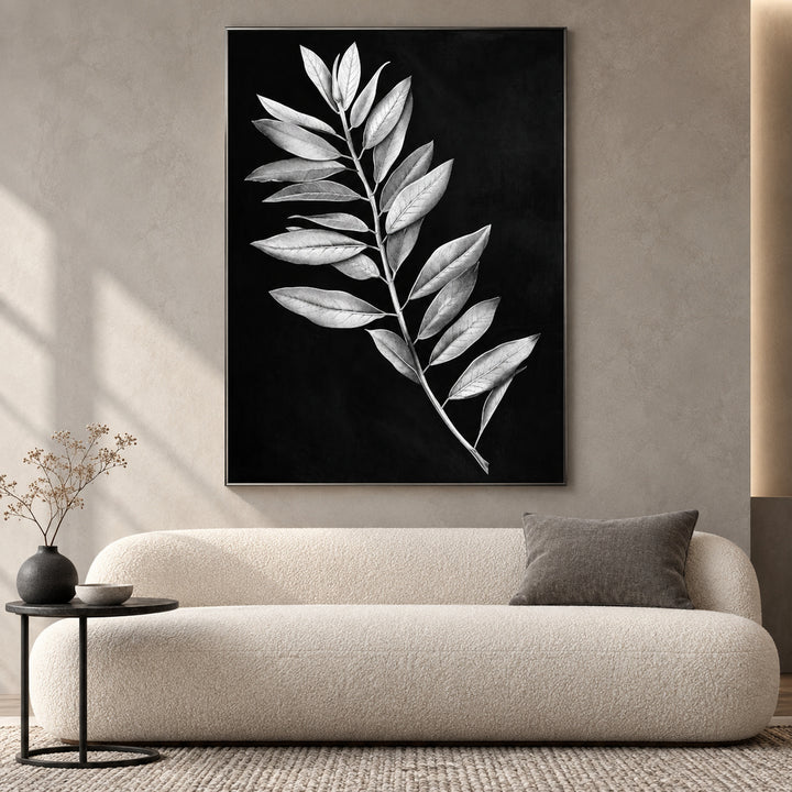 White Leaf Monochrome Botanical canvas art print, hero shot on a wall