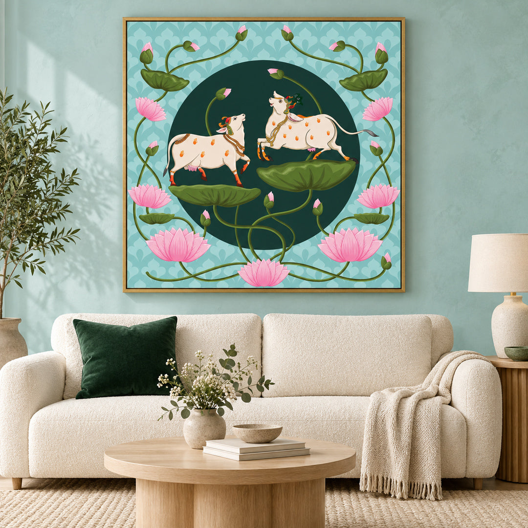Sacred Kamdhenu Cows & Lotus Pichwai Painting - Art Print