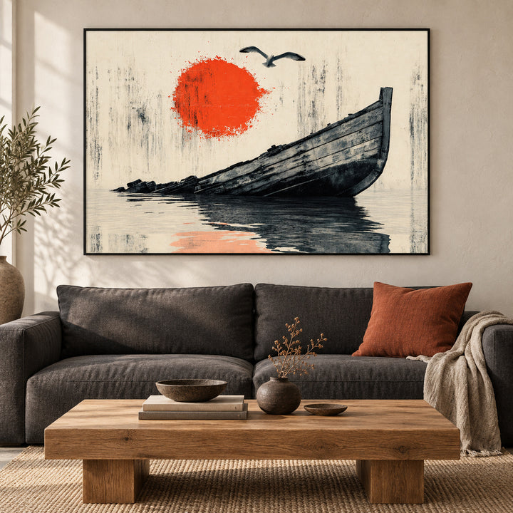 Solitary Voyage Red Sun Boat canvas art print, hero shot on a wall