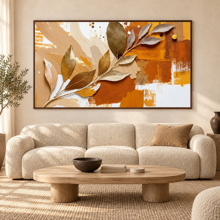Sunburnt Ochre Botanical Abstract canvas art print, hero shot on a wall