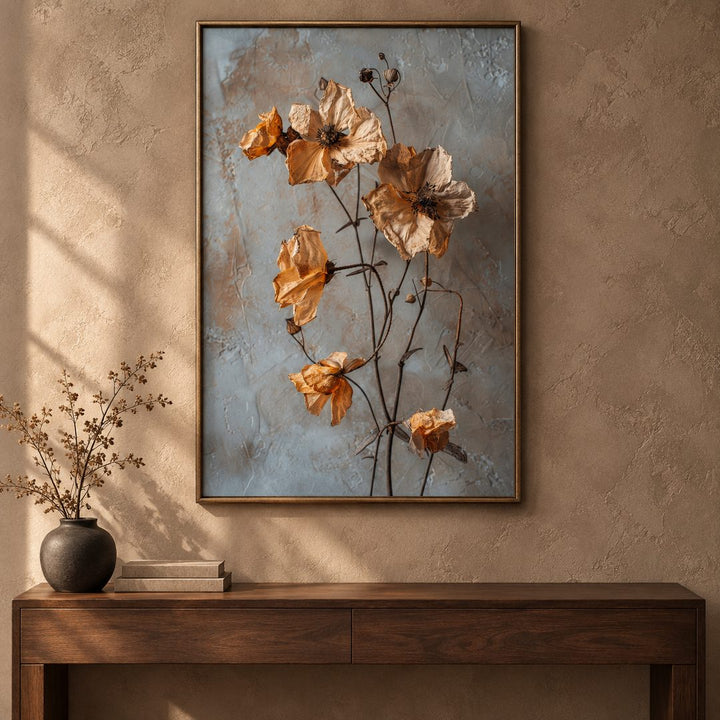 Dreamy Dried Blooms botanical canvas art print, hero shot on a wall