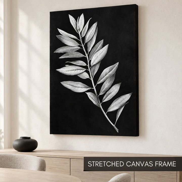 White Leaf Monochrome Botanical art print as a stretched canvas frame
