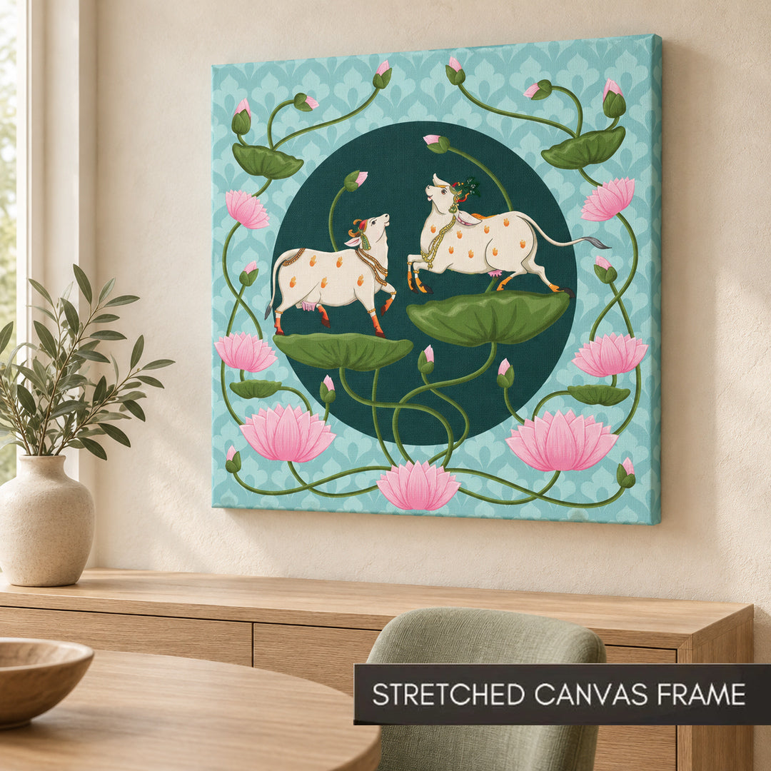Sacred Kamdhenu Cows & Lotus Pichwai Painting - Art Print