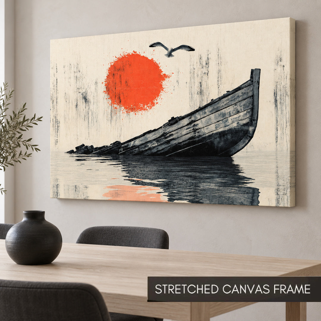 Solitary Voyage Red Sun Boat Painting - Art Print