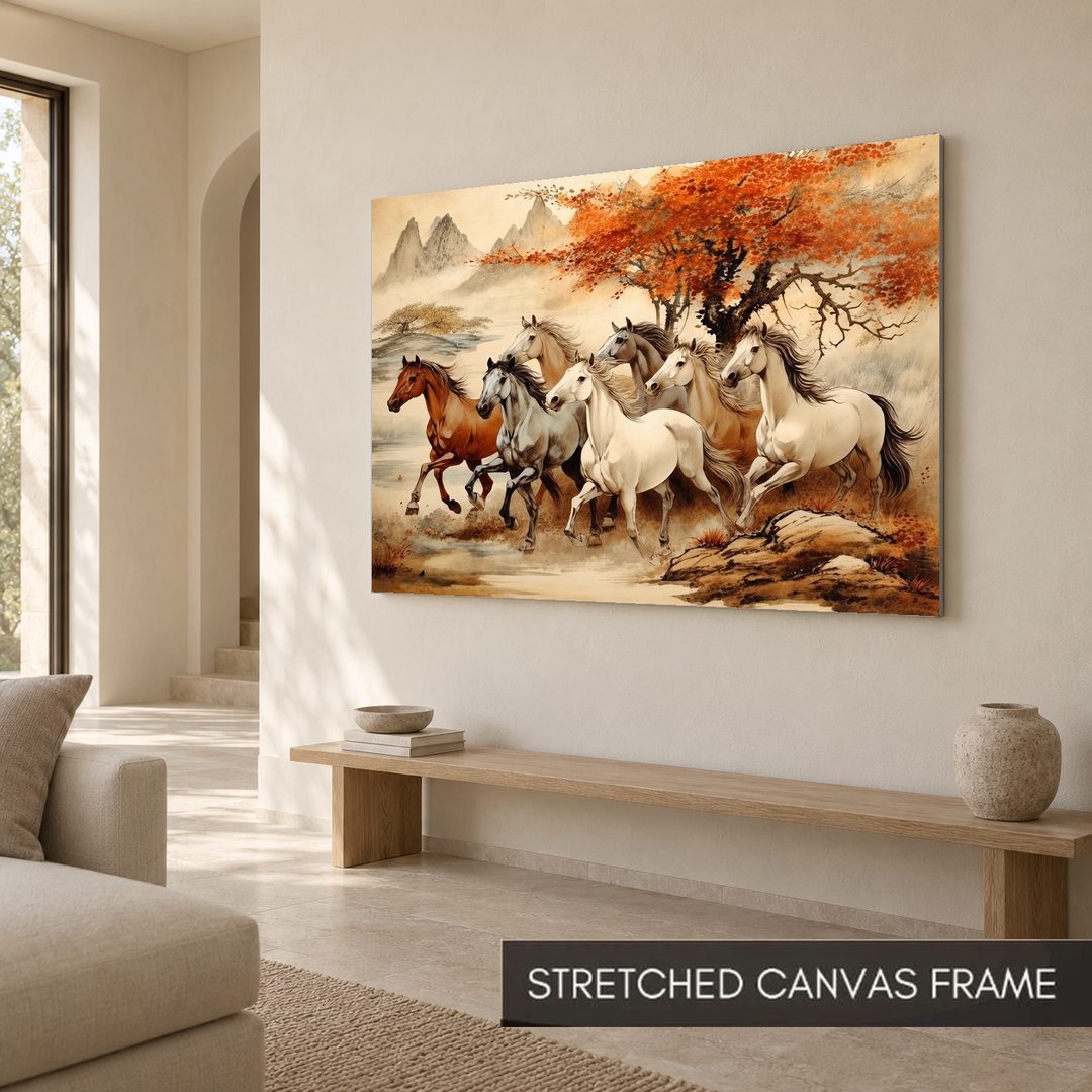 Seven Running Horses art print as a stretched canvas frame