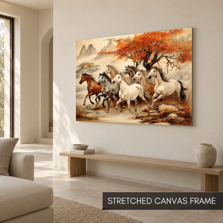 Seven Running Horses art print as a stretched canvas frame