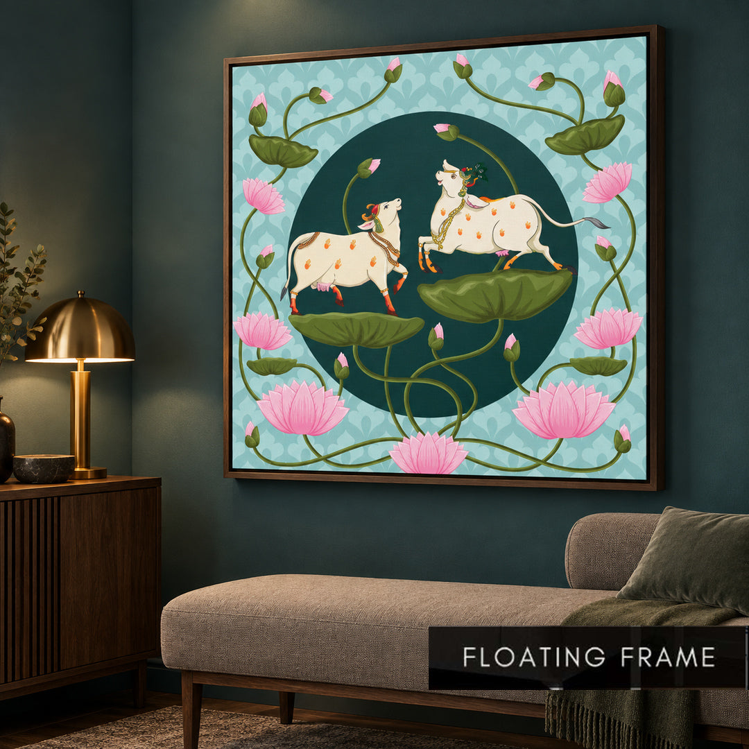 Sacred Kamdhenu Cows & Lotus Pichwai Painting - Art Print