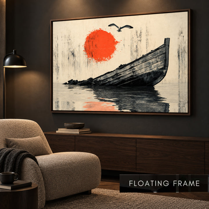 Solitary Voyage Red Sun Boat art print in a floating frame