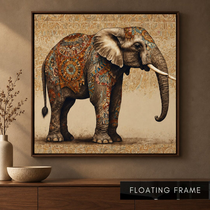 Ornate Indian Elephant Mandala art print in a floating frame