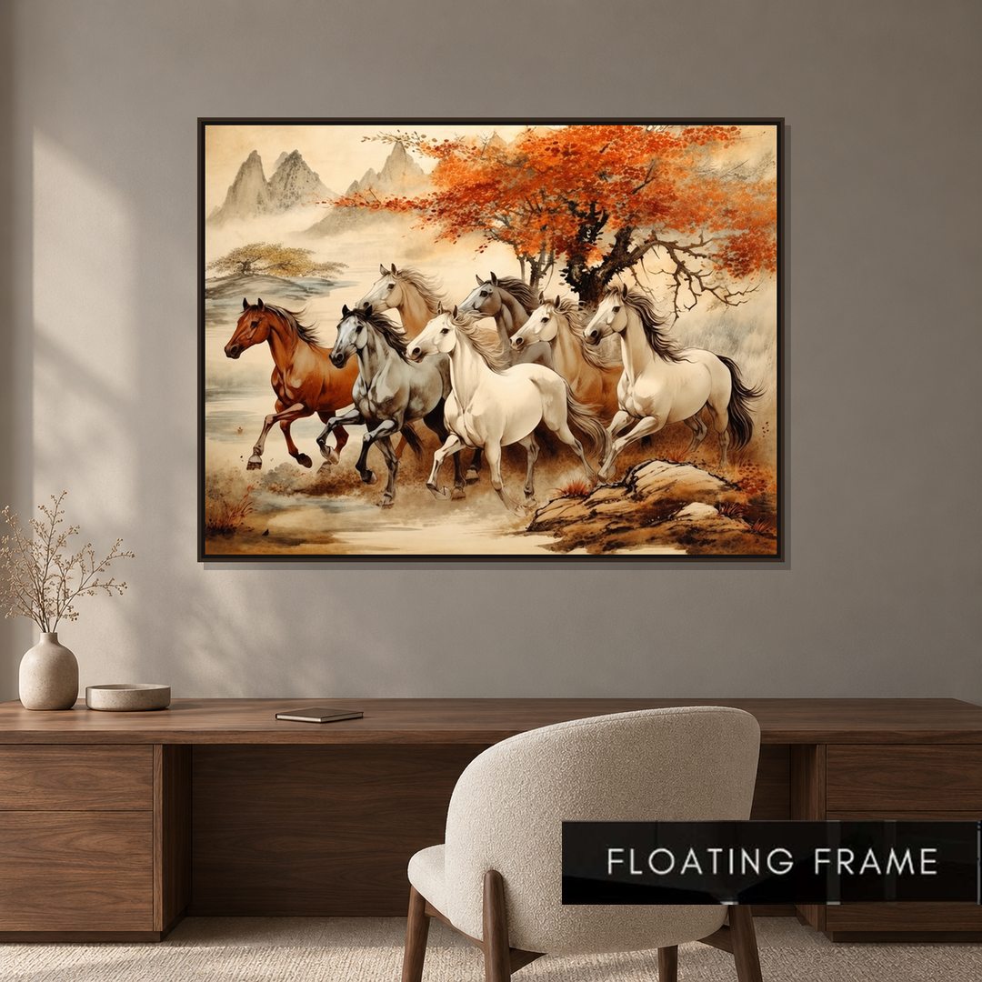 Seven Running Horses art print in a floating frame