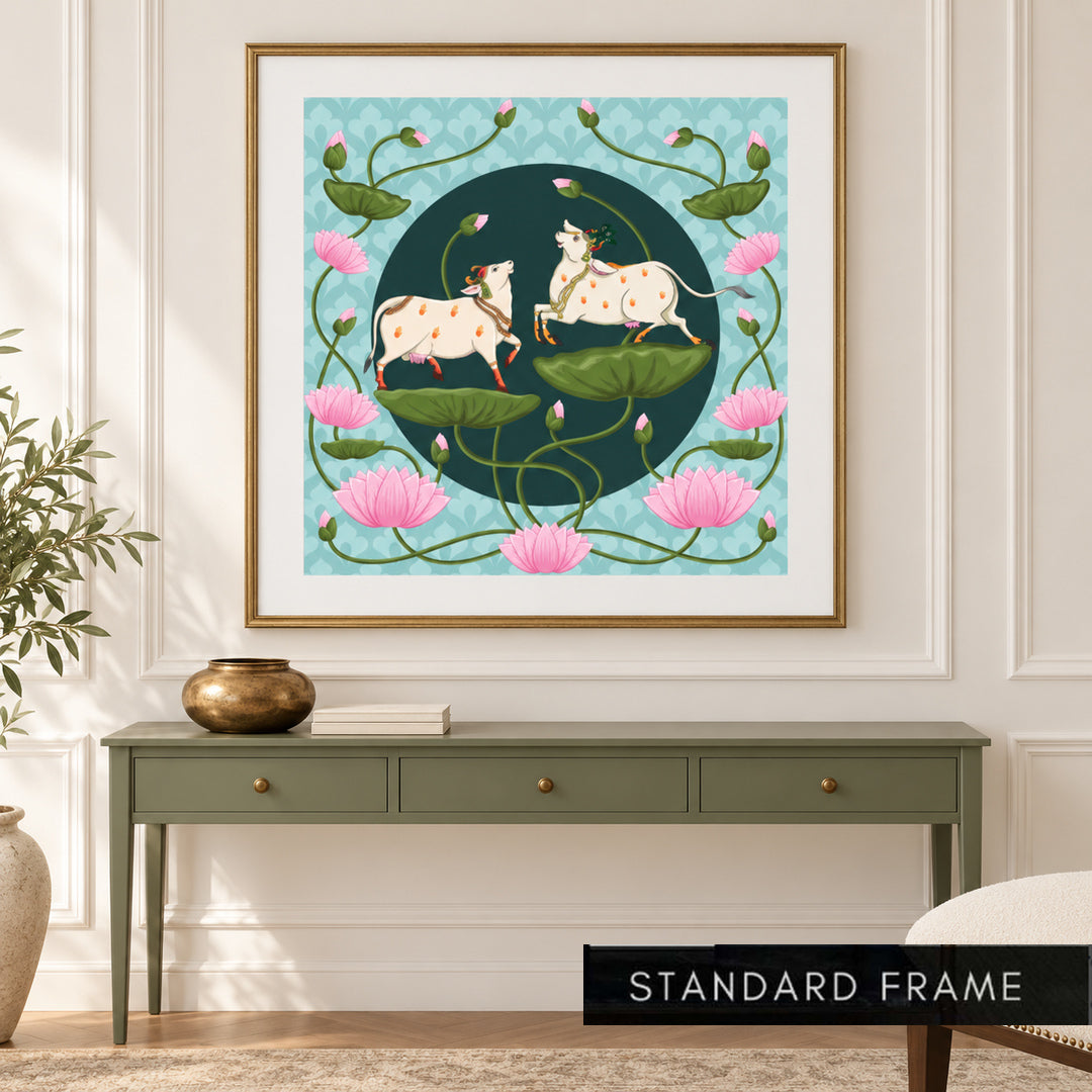 Sacred Kamdhenu Cows & Lotus Pichwai Painting - Art Print