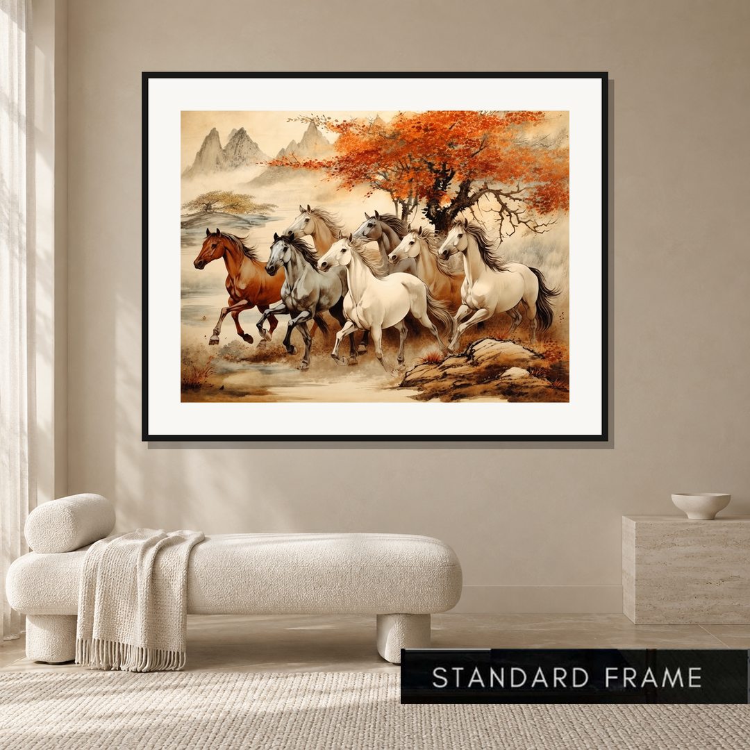 Seven Running Horses art print in a standard frame