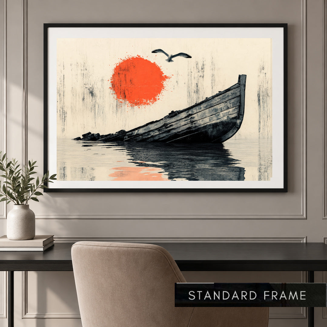 Solitary Voyage Red Sun Boat Painting - Art Print