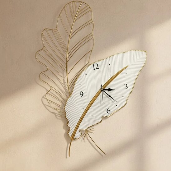 White and Gold Feather Leaf Metal Wall Clock