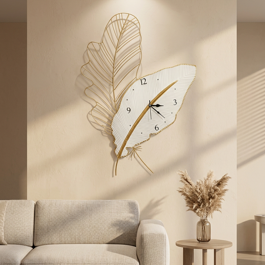 White and Gold Feather Leaf Metal Wall Clock