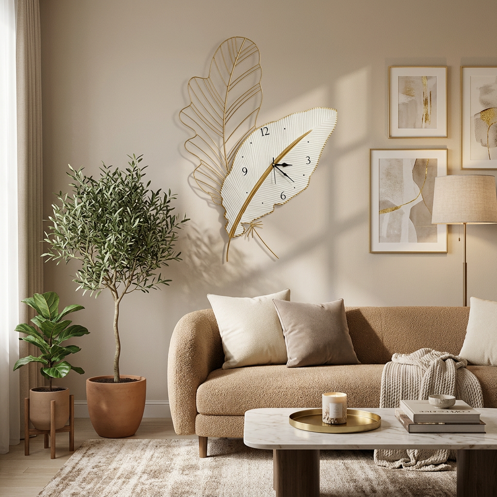 White and Gold Feather Leaf Metal Wall Clock