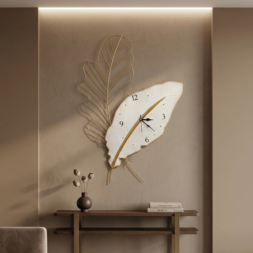 White and Gold Feather Leaf Metal Wall Clock