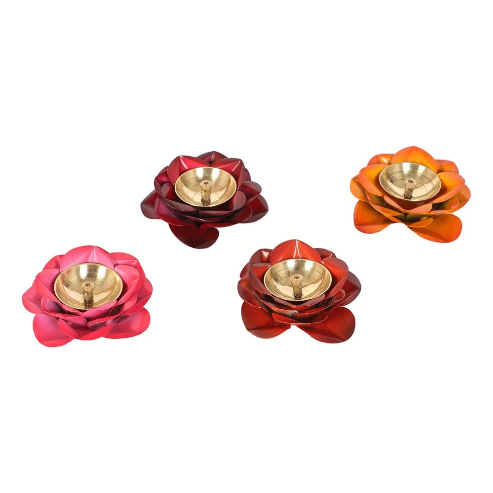 Multicolored Rose Brass Diya - Set of 4