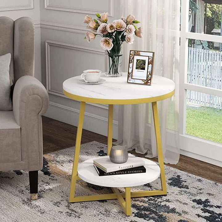 2-Tier Round Side Table with Marble Top Writings On The Wall side table