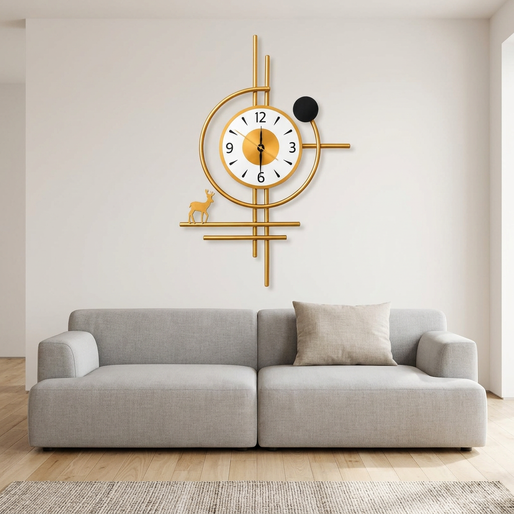Gold Geometric Metal Wall Clock with Deer Accent