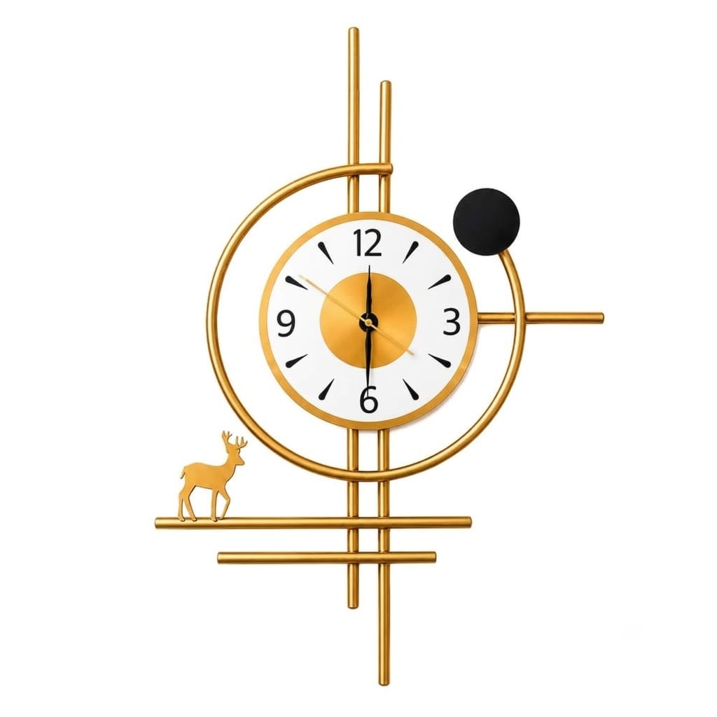 Gold Geometric Metal Wall Clock with Deer Accent