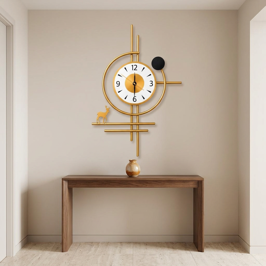 Gold Geometric Metal Wall Clock with Deer Accent