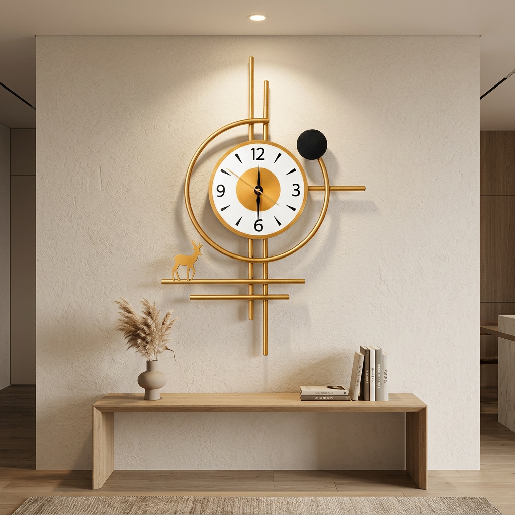 Gold Geometric Metal Wall Clock with Deer Accent