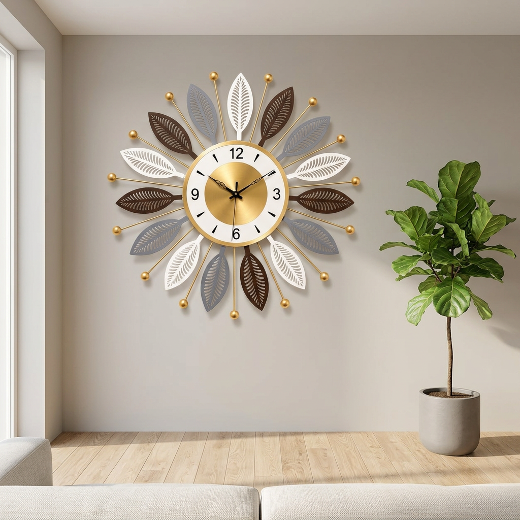 Multi-Tone Leaf Sunburst Metal Wall Clock
