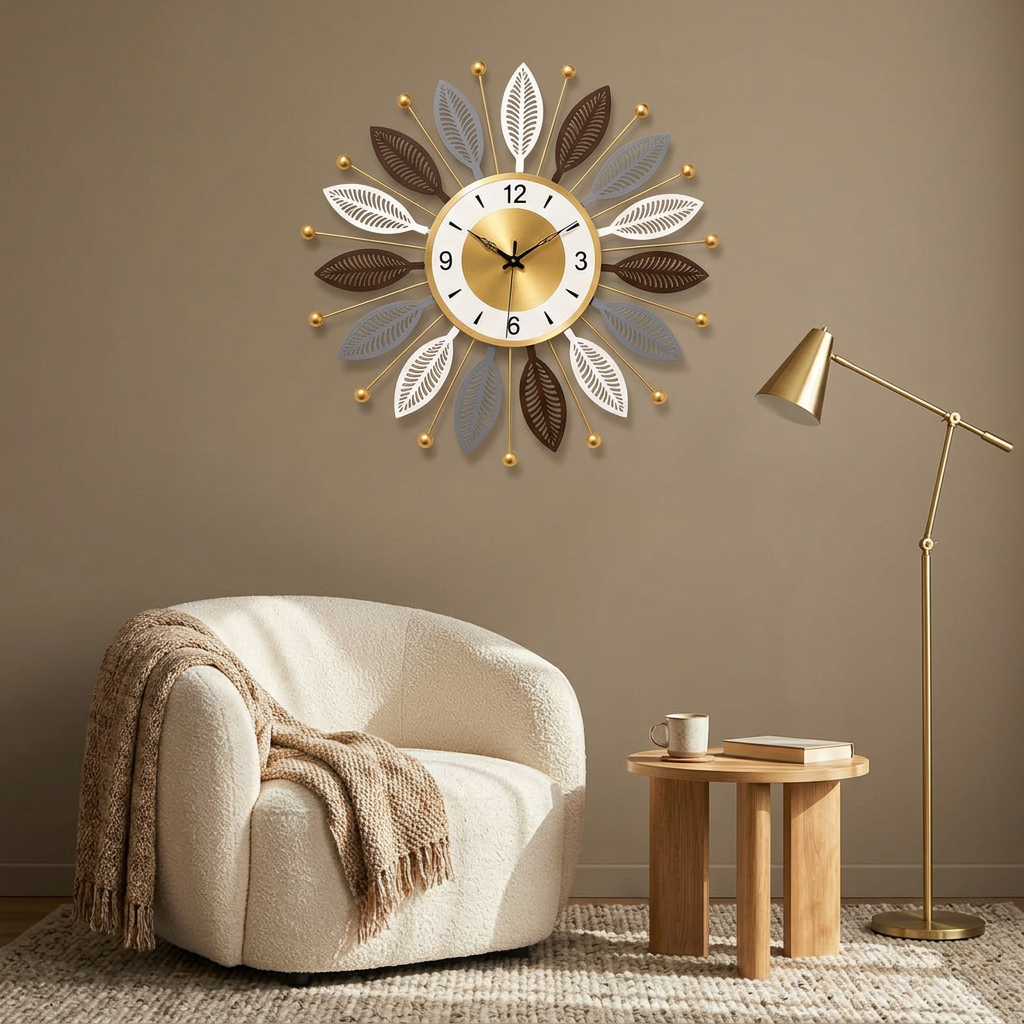 Multi-Tone Leaf Sunburst Metal Wall Clock