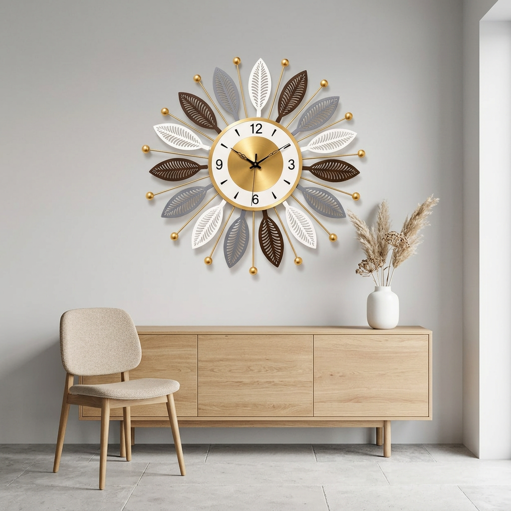 Multi-Tone Leaf Sunburst Metal Wall Clock
