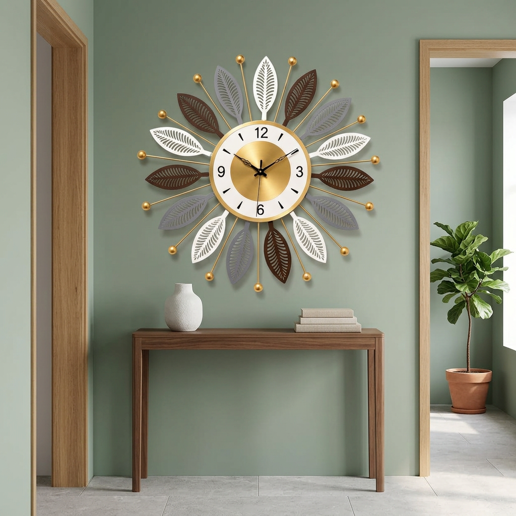 Multi-Tone Leaf Sunburst Metal Wall Clock