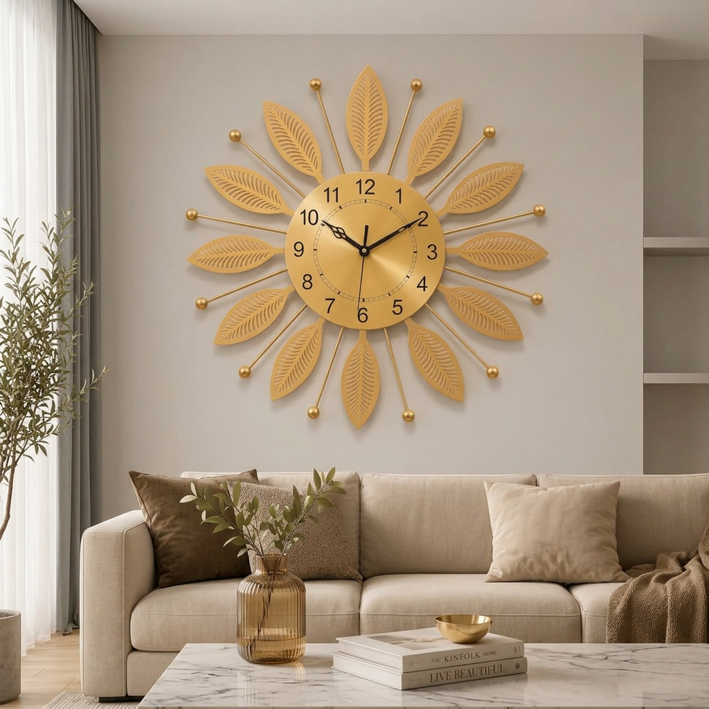 Gold Leaf Sunburst Metal Wall Clock