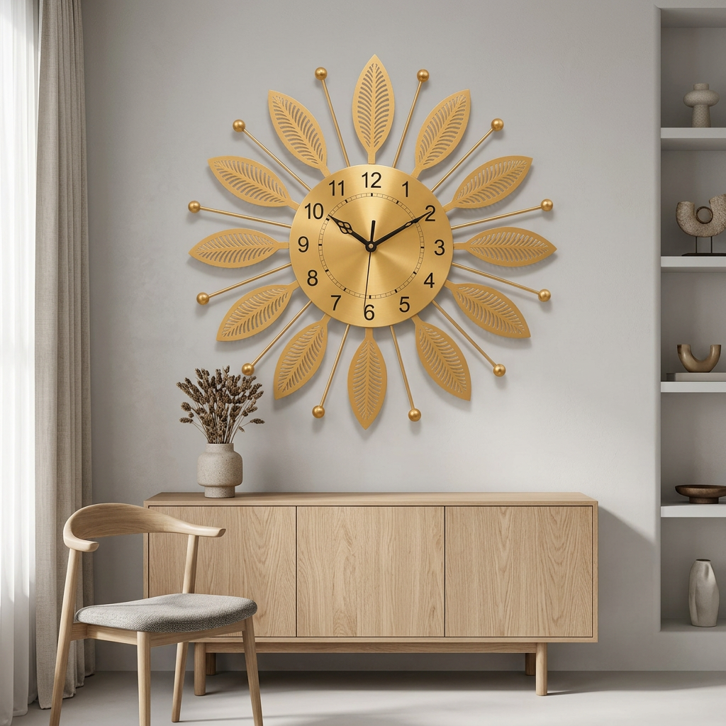 Gold Leaf Sunburst Metal Wall Clock