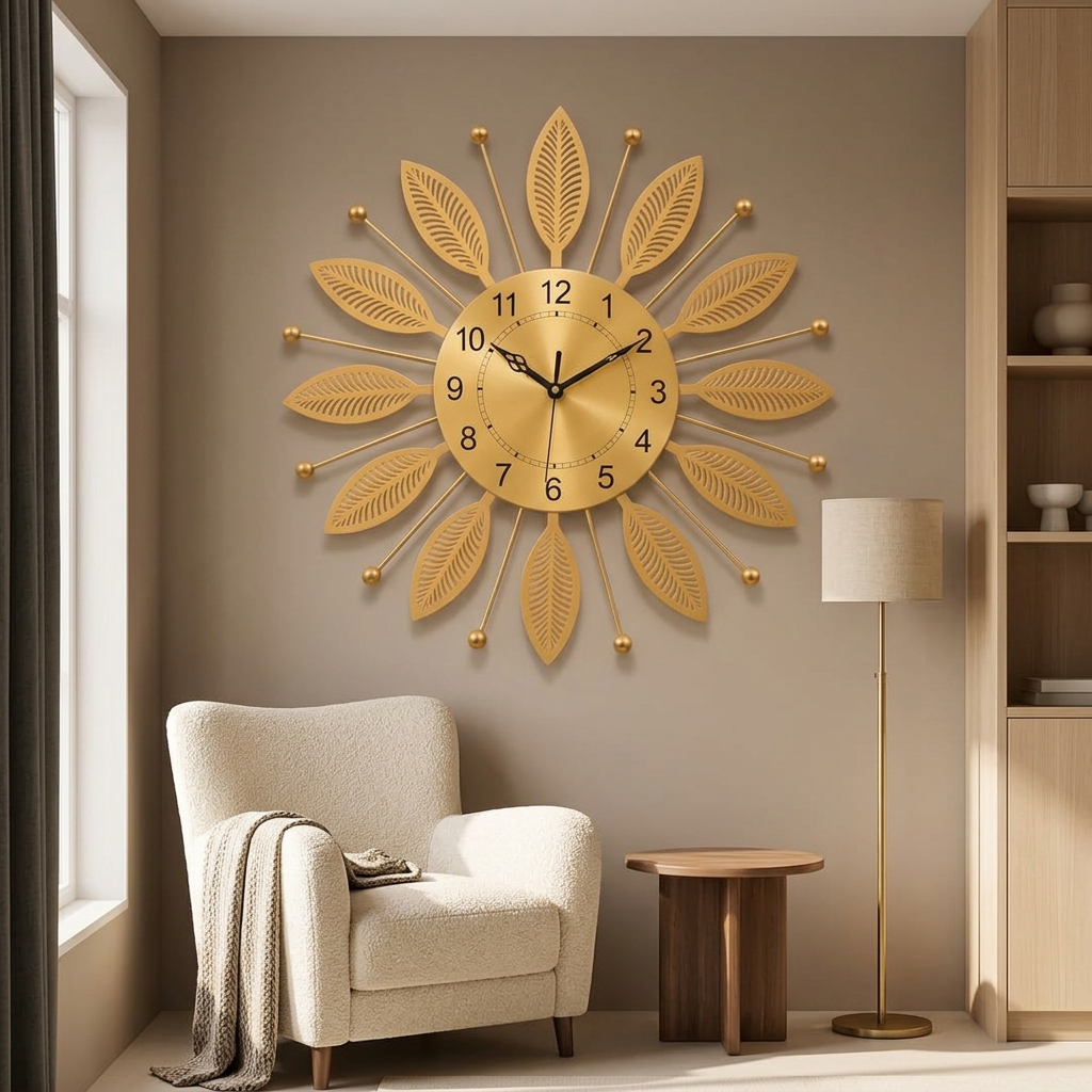 Gold Leaf Sunburst Metal Wall Clock