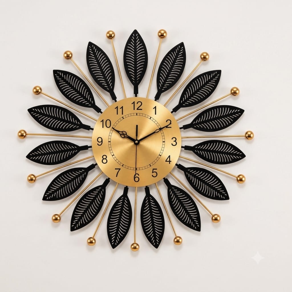 Black and Gold Leaf Sunburst Metal Wall Clock