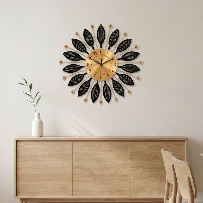 Black and Gold Leaf Sunburst Metal Wall Clock