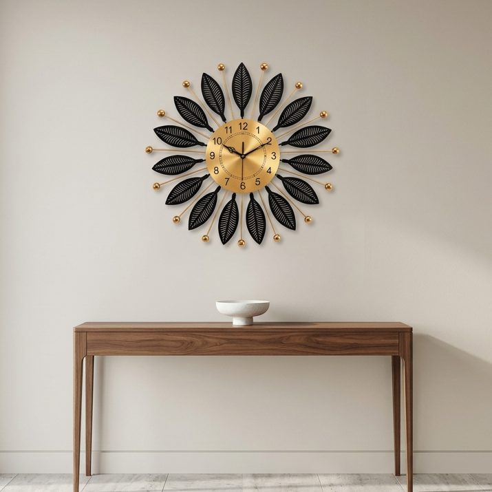 Black and Gold Leaf Sunburst Metal Wall Clock