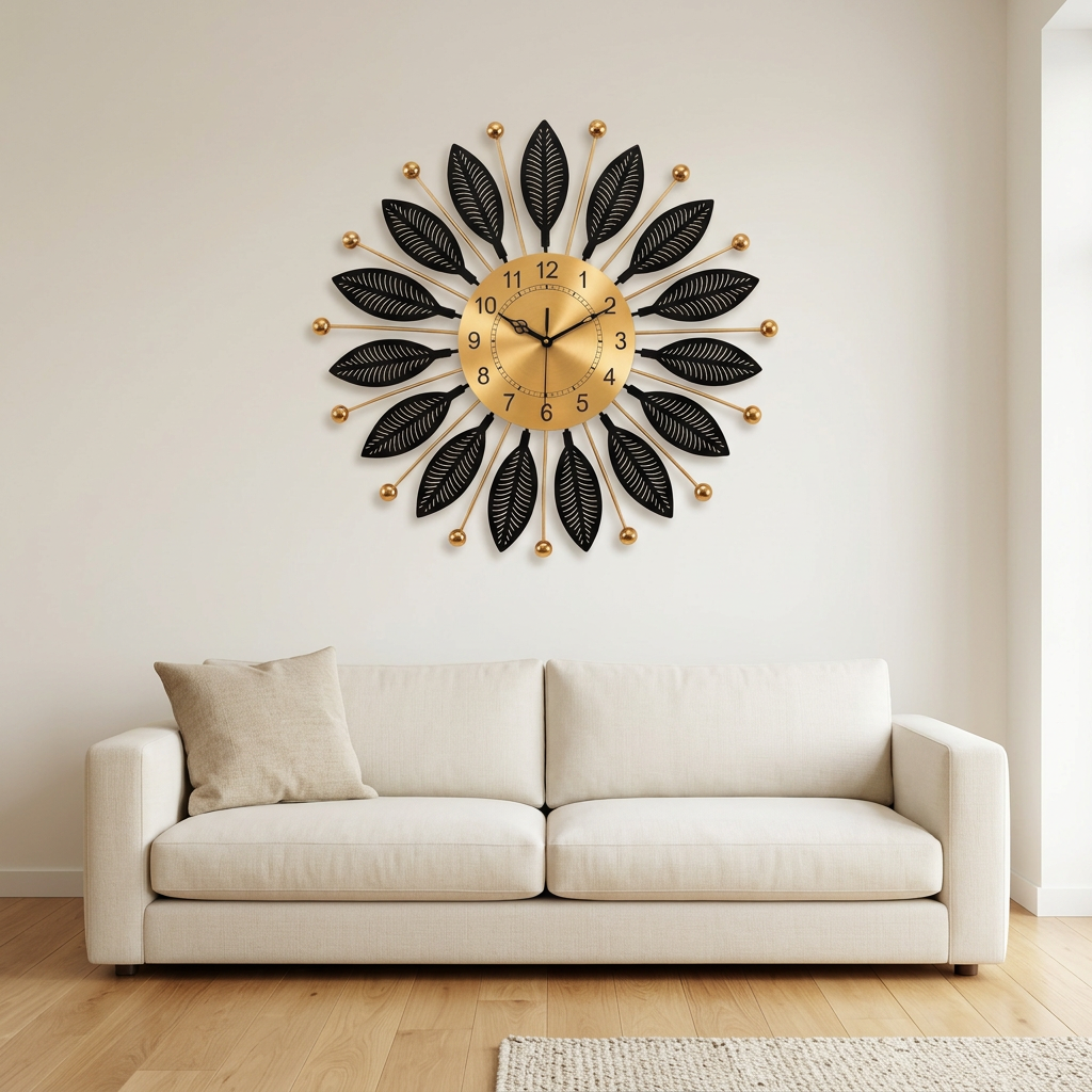 Black and Gold Leaf Sunburst Metal Wall Clock