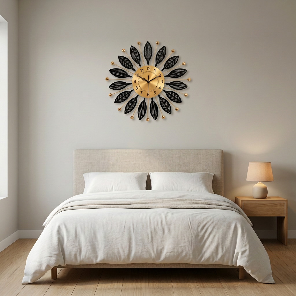 Black and Gold Leaf Sunburst Metal Wall Clock