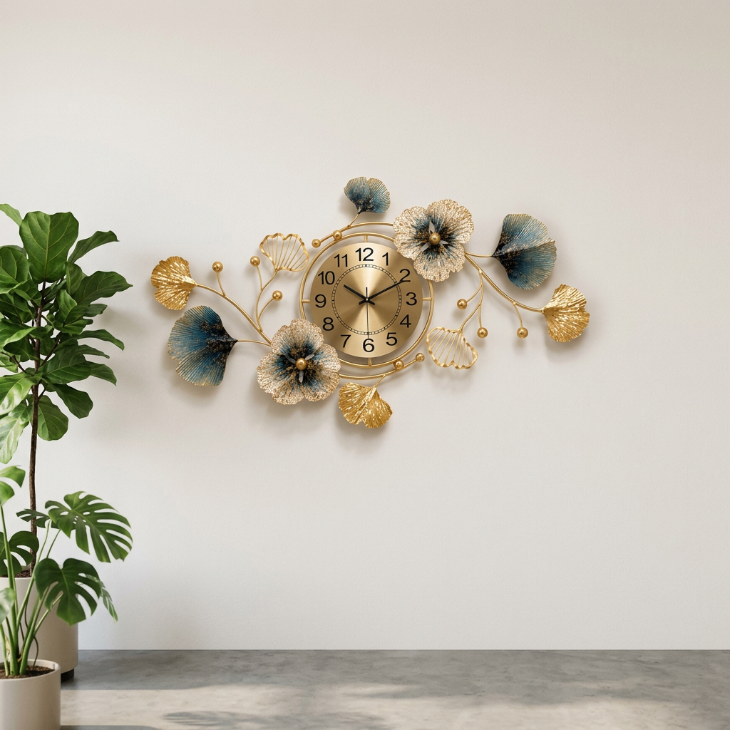 Blue and Gold Ginkgo Leaf Metal Wall Clock