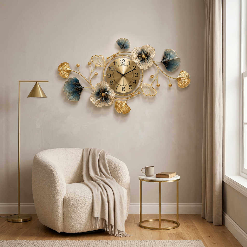 Blue and Gold Ginkgo Leaf Metal Wall Clock
