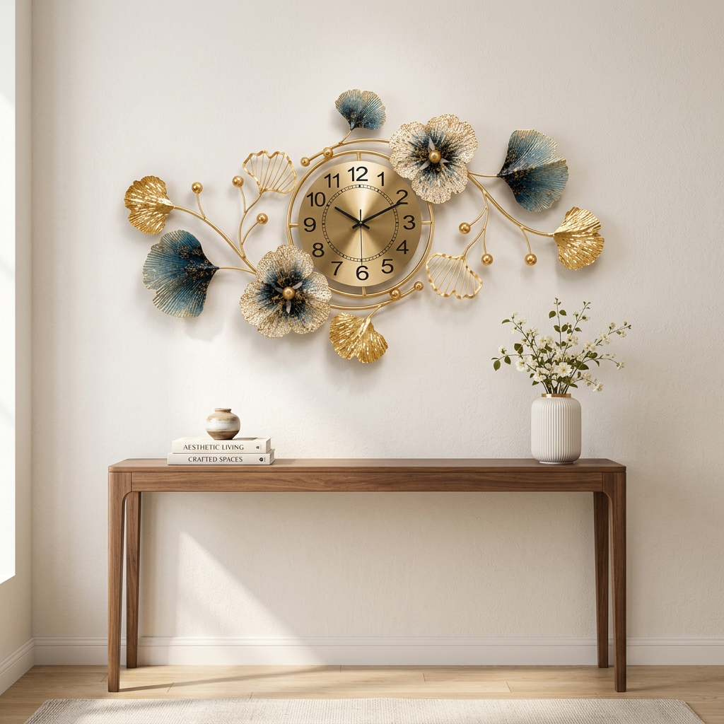 Blue and Gold Ginkgo Leaf Metal Wall Clock