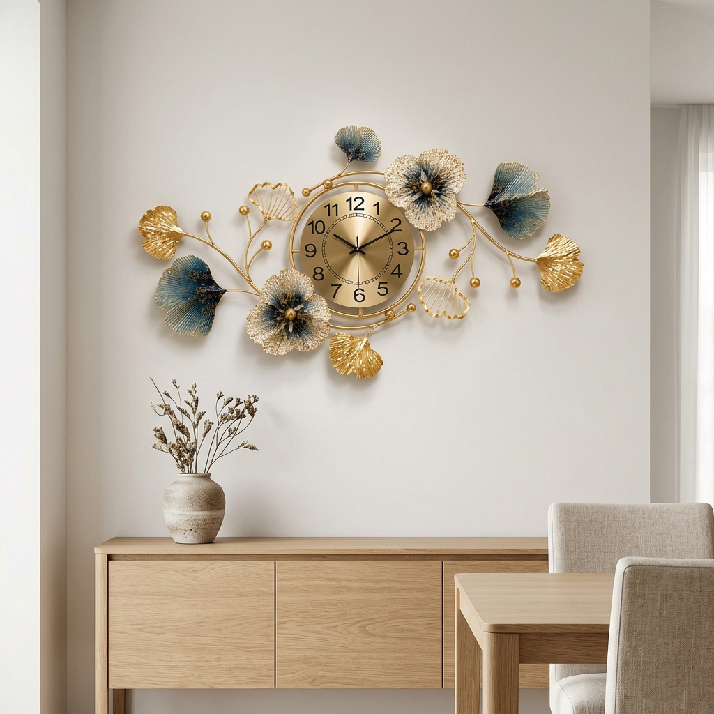 Blue and Gold Ginkgo Leaf Metal Wall Clock