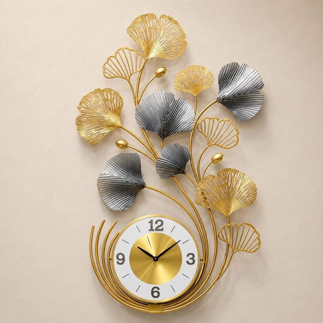Gold and Grey Ginkgo Leaf Metal Wall Clock