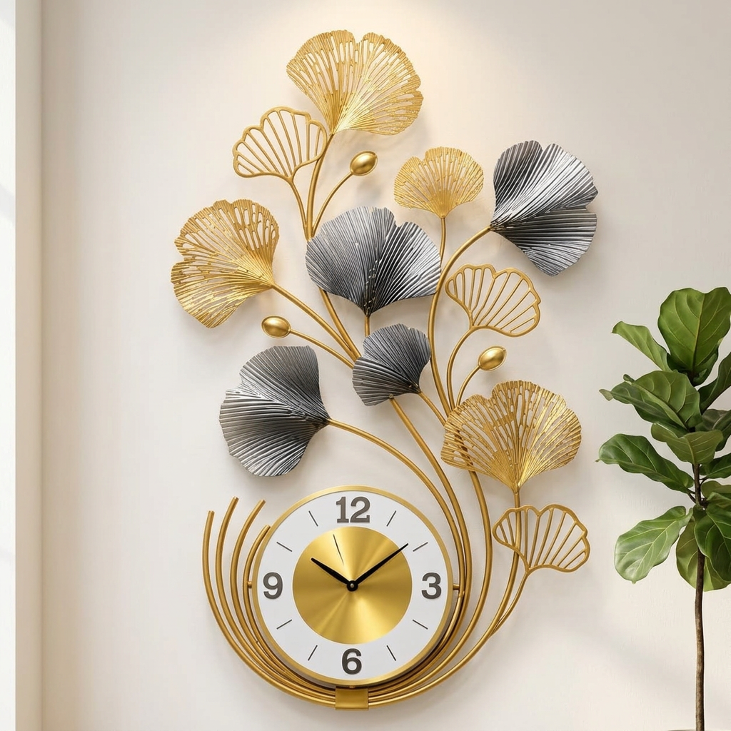 Gold and Grey Ginkgo Leaf Metal Wall Clock