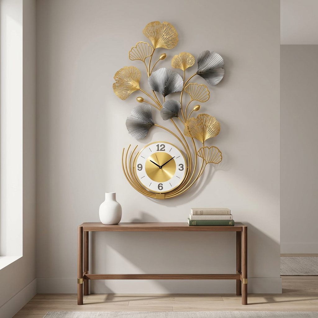 Gold and Grey Ginkgo Leaf Metal Wall Clock