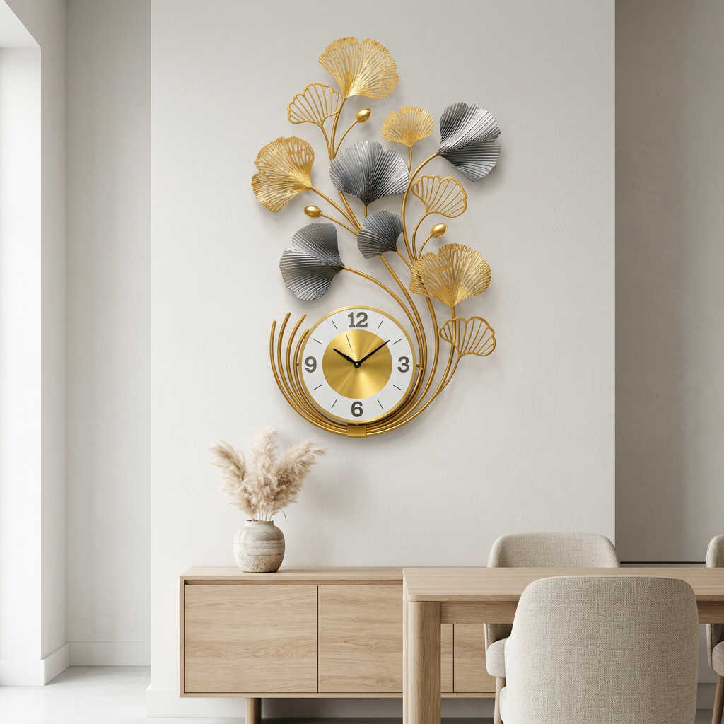 Gold and Grey Ginkgo Leaf Metal Wall Clock
